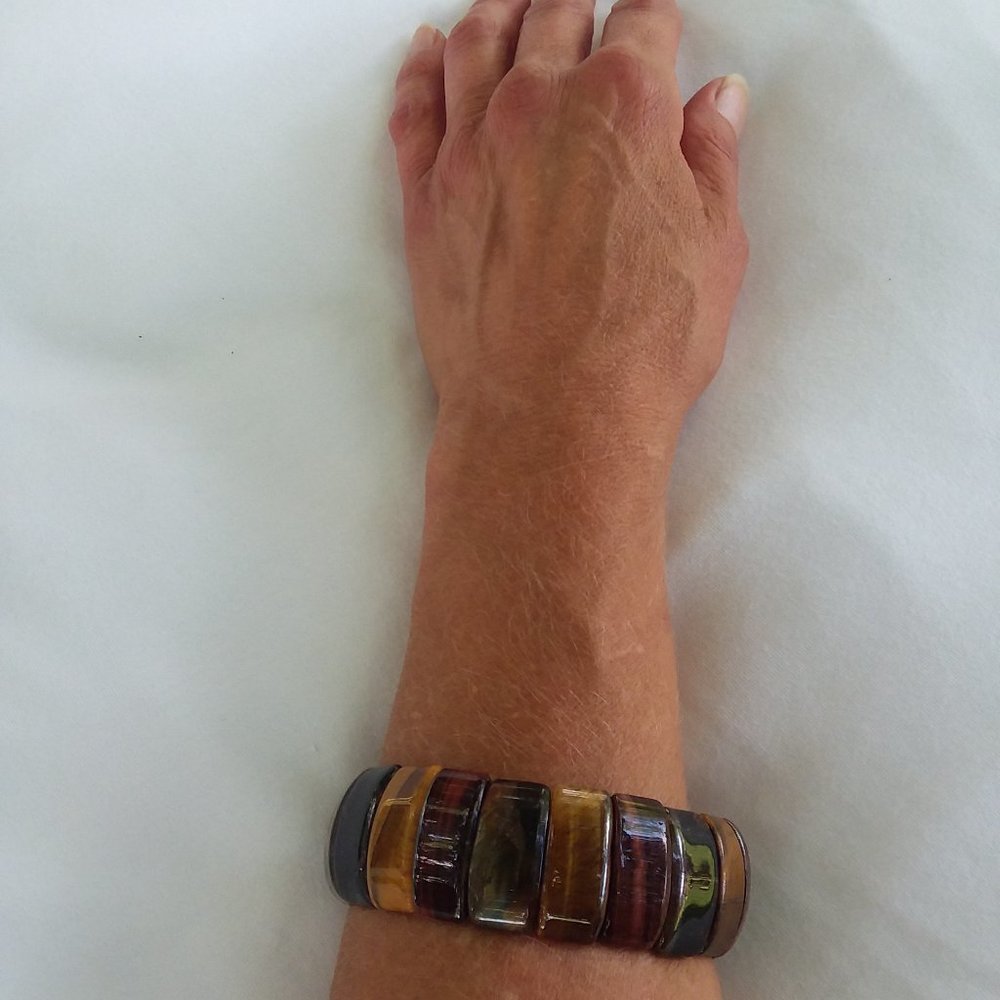 Bracelet Semi-Precious Tiger Eye Gemstone Stretch Multi Color - Picture 5 of 5
